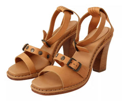 See By Chloé Brown Leather Studded Ankle Strap Sandals Shoes