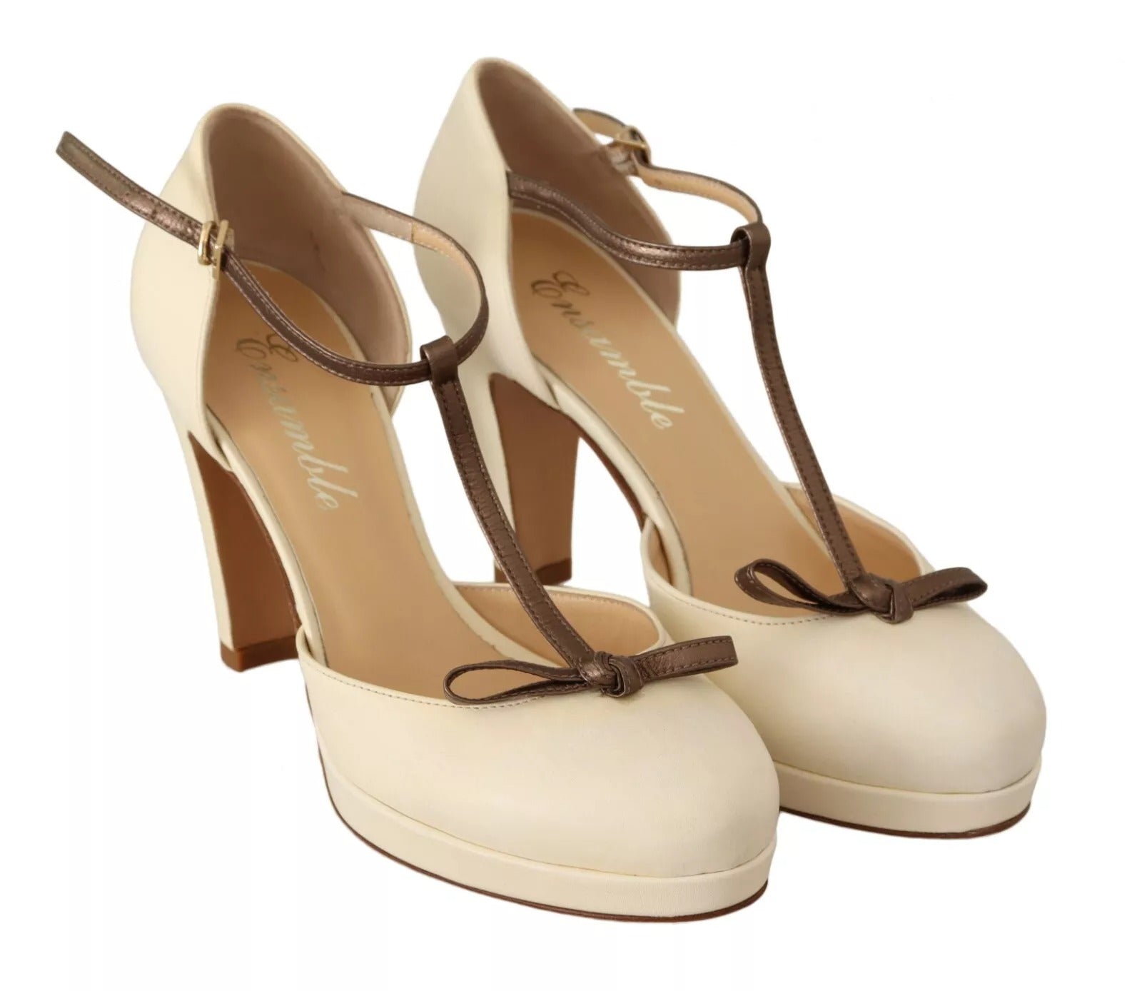 SERGIO LEVANTESI Off White Leather T-Strap Heels Sandals Shoes
