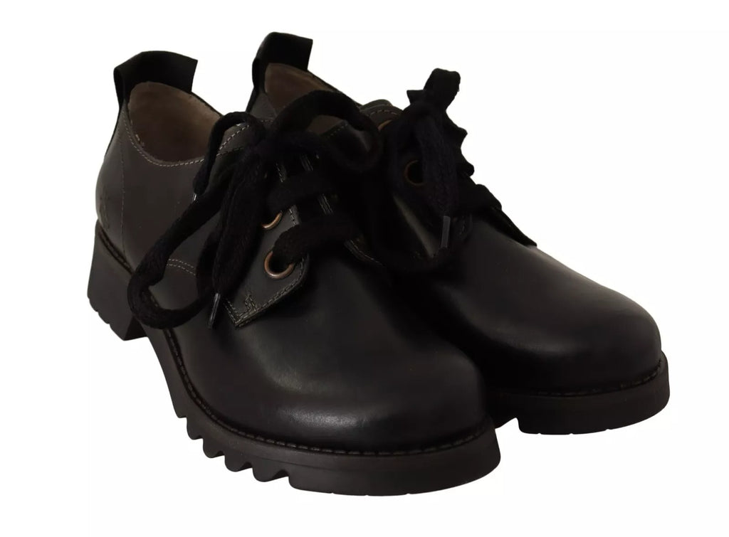 FLY LONDON Black Leather Low Top Lace Up Women Oxford Shoes
