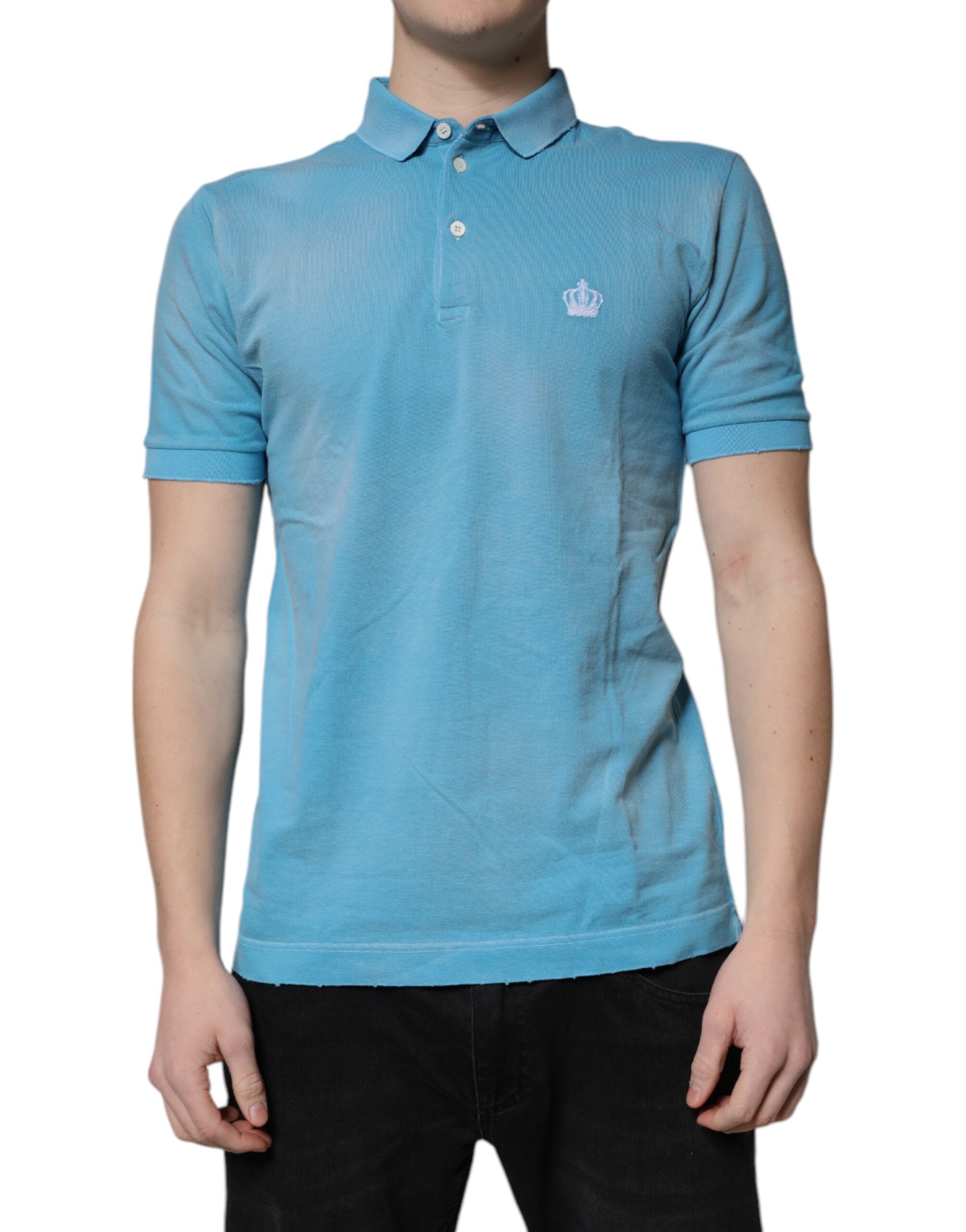 Blå bomulls- och kronkrage-polo-t-shirt för män