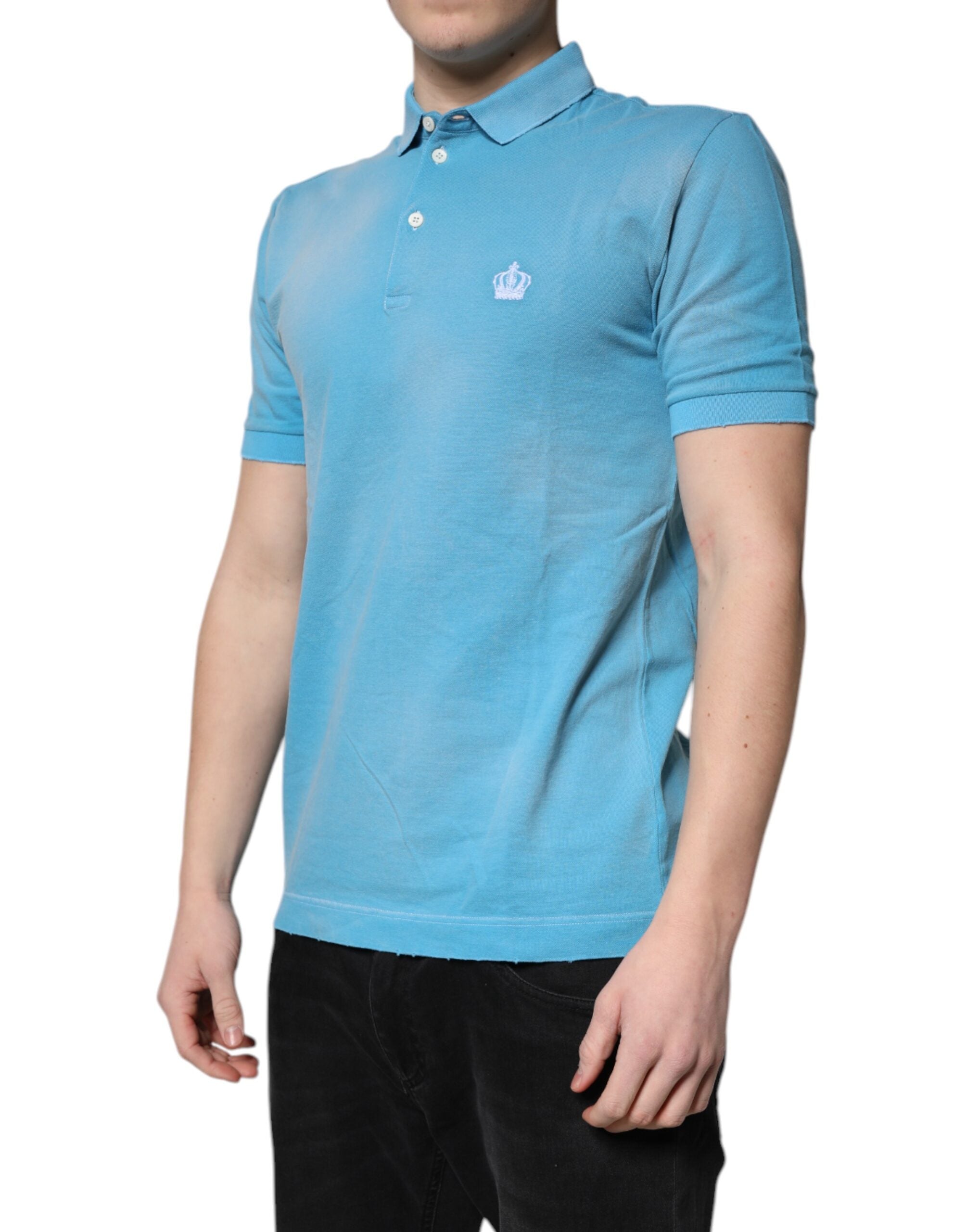 Blå bomulls- och kronkrage-polo-t-shirt för män
