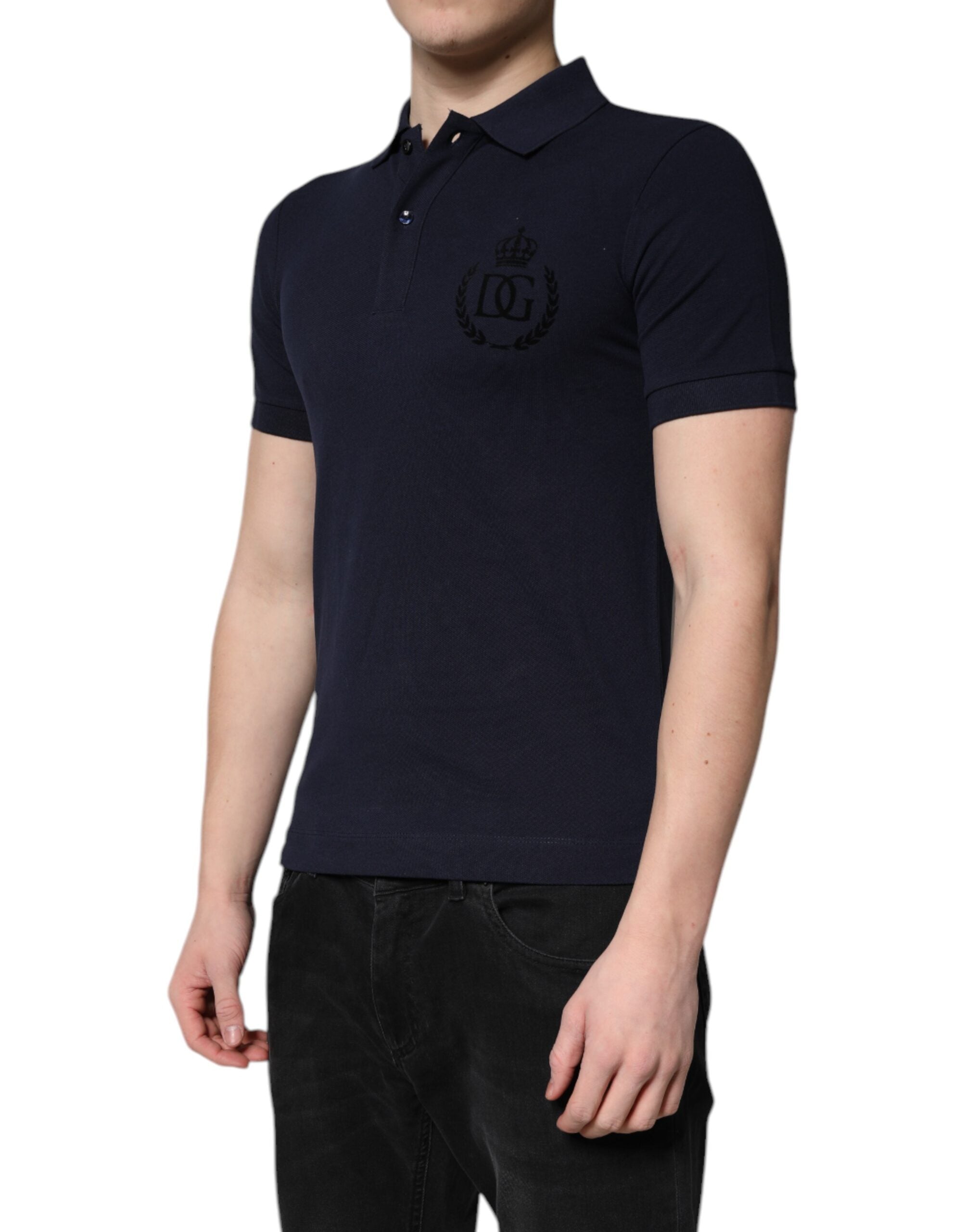 Mörkblå bomulls-t-shirt med kronkrage