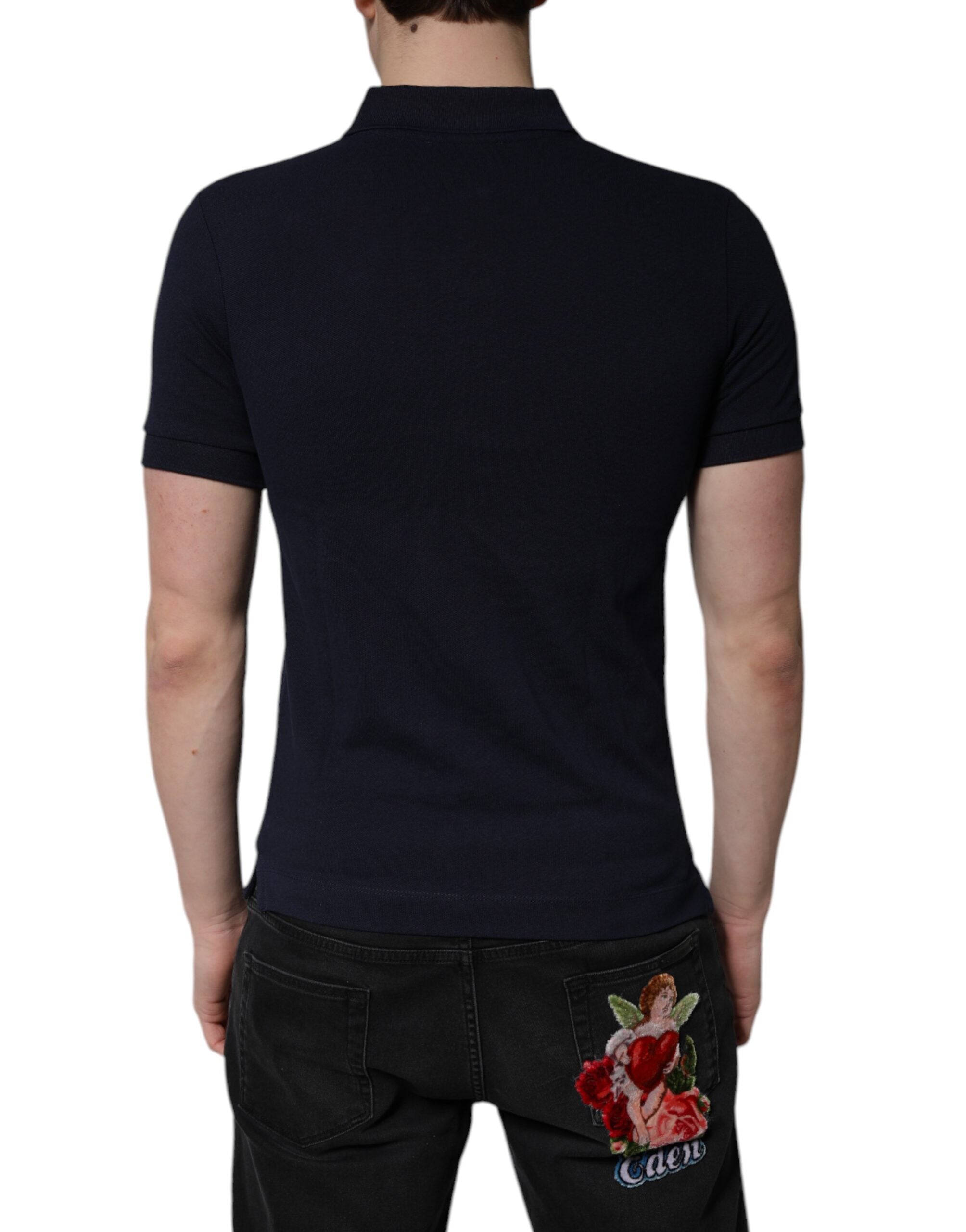 Mörkblå bomulls-t-shirt med kronkrage
