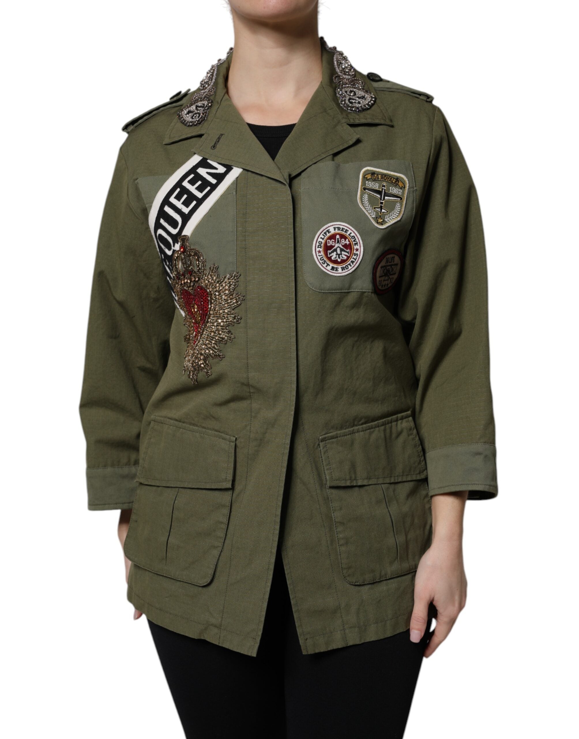 Dolce & Gabbana Military Green Queen Embellished Coat Jacket
