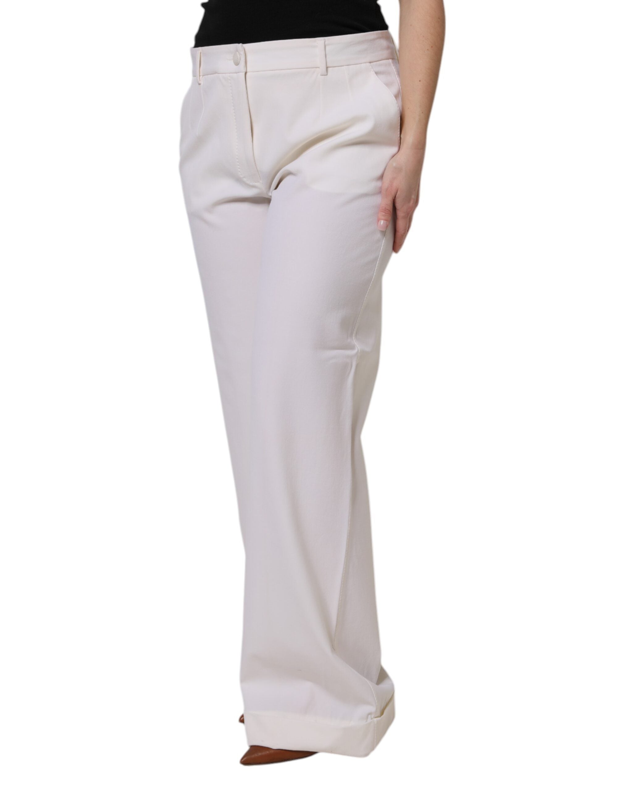 Dolce & Gabbana White Wool Mid Waist Wide Leg Pants