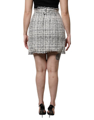 Dolce & Gabbana White Black High Waist Tartan Tweed Mini Skirt