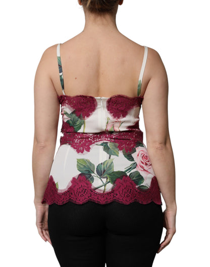 Dolce &amp; Gabbana Vitt Rosmönster Satin Spetslinne Underkläder