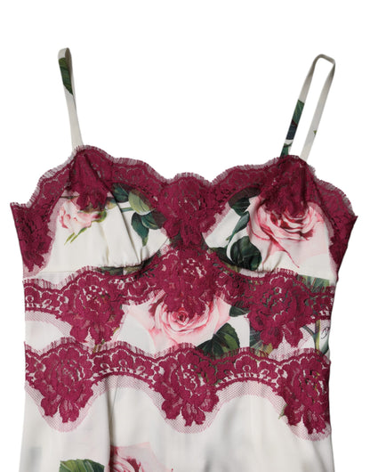 Dolce &amp; Gabbana Vitt Rosmönster Satin Spetslinne Underkläder