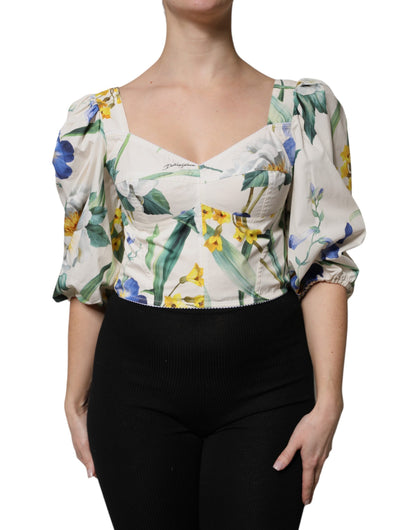 Dolce &amp; Gabbana Vit Blommig Puffärmad Kort Blus Topp