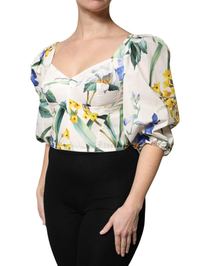 Dolce &amp; Gabbana Vit Blommig Puffärmad Kort Blus Topp