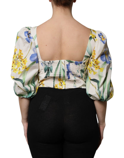 Dolce &amp; Gabbana Vit Blommig Puffärmad Kort Blus Topp