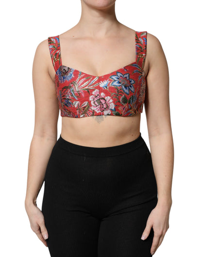 Dolce &amp; Gabbana Röd Blommig Brokad Beskuren Bustier Korsetttopp