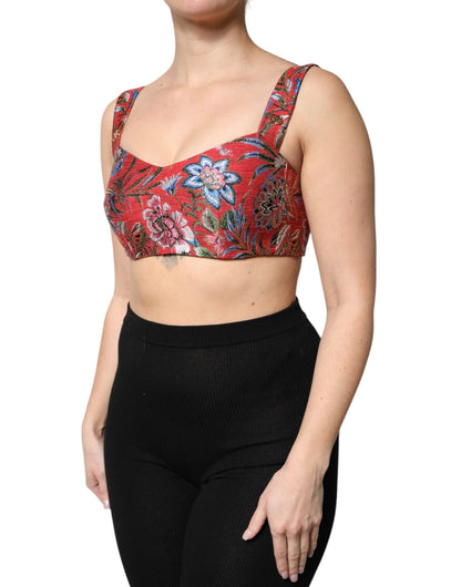Dolce &amp; Gabbana Röd Blommig Brokad Beskuren Bustier Korsetttopp