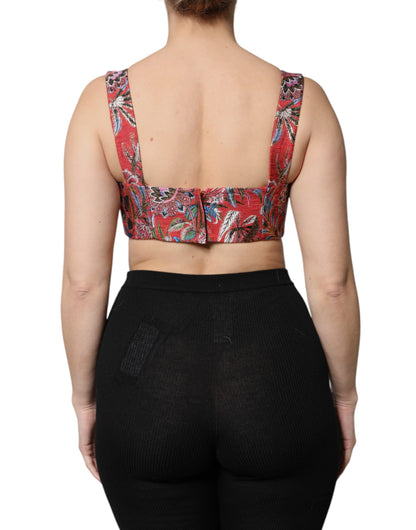 Dolce &amp; Gabbana Röd Blommig Brokad Beskuren Bustier Korsetttopp