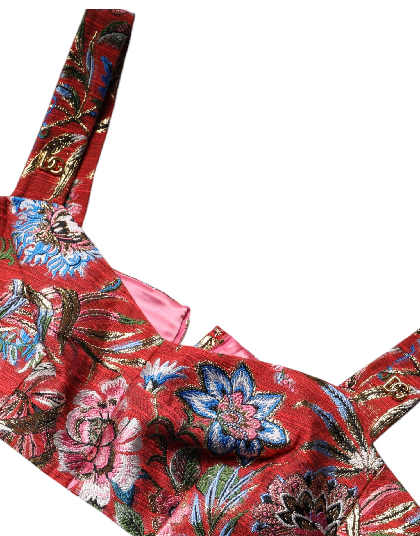 Dolce &amp; Gabbana Röd Blommig Brokad Beskuren Bustier Korsetttopp