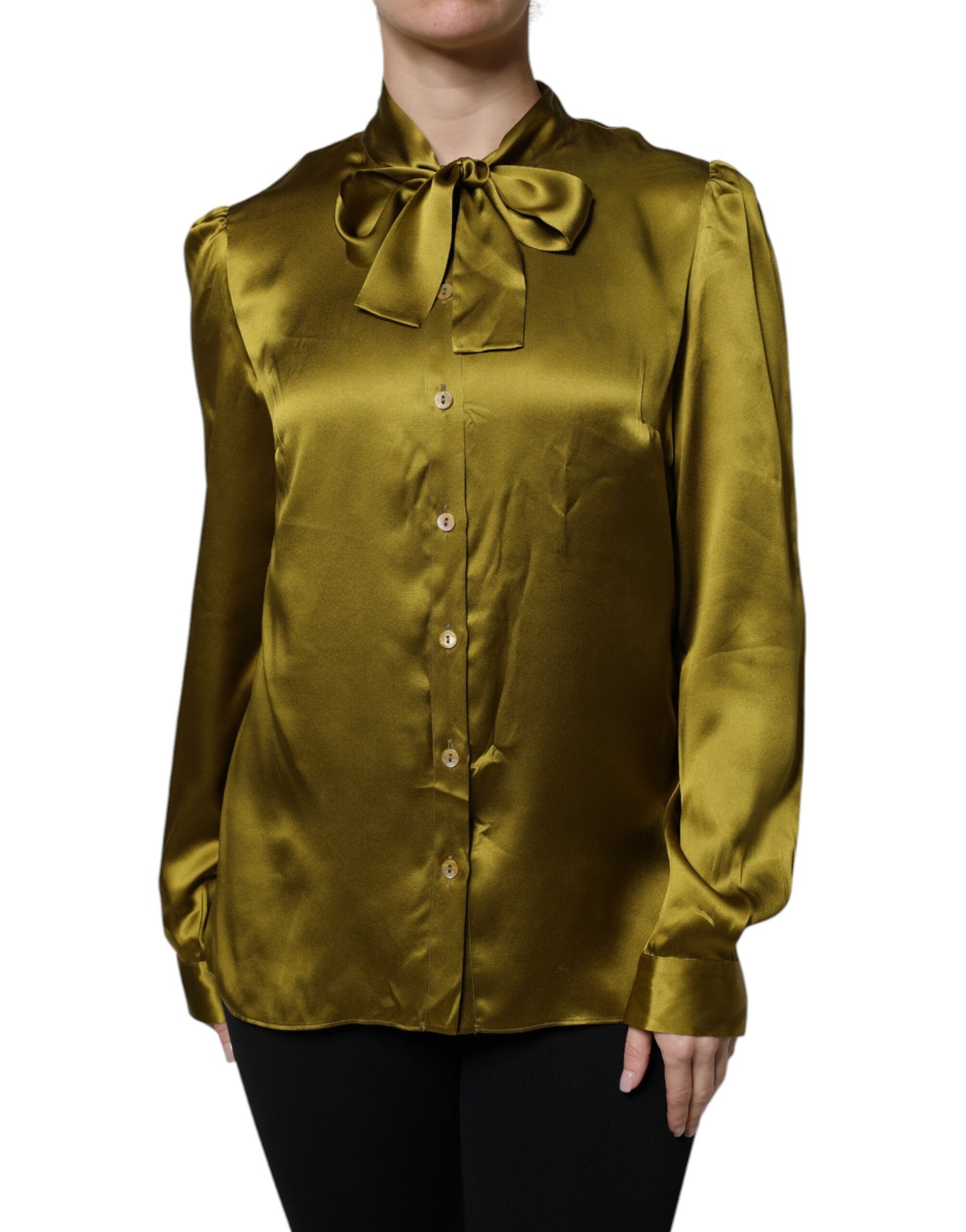 Dolce &amp; Gabbana Olivgrön Ascot-krage Långärmad Blus Topp