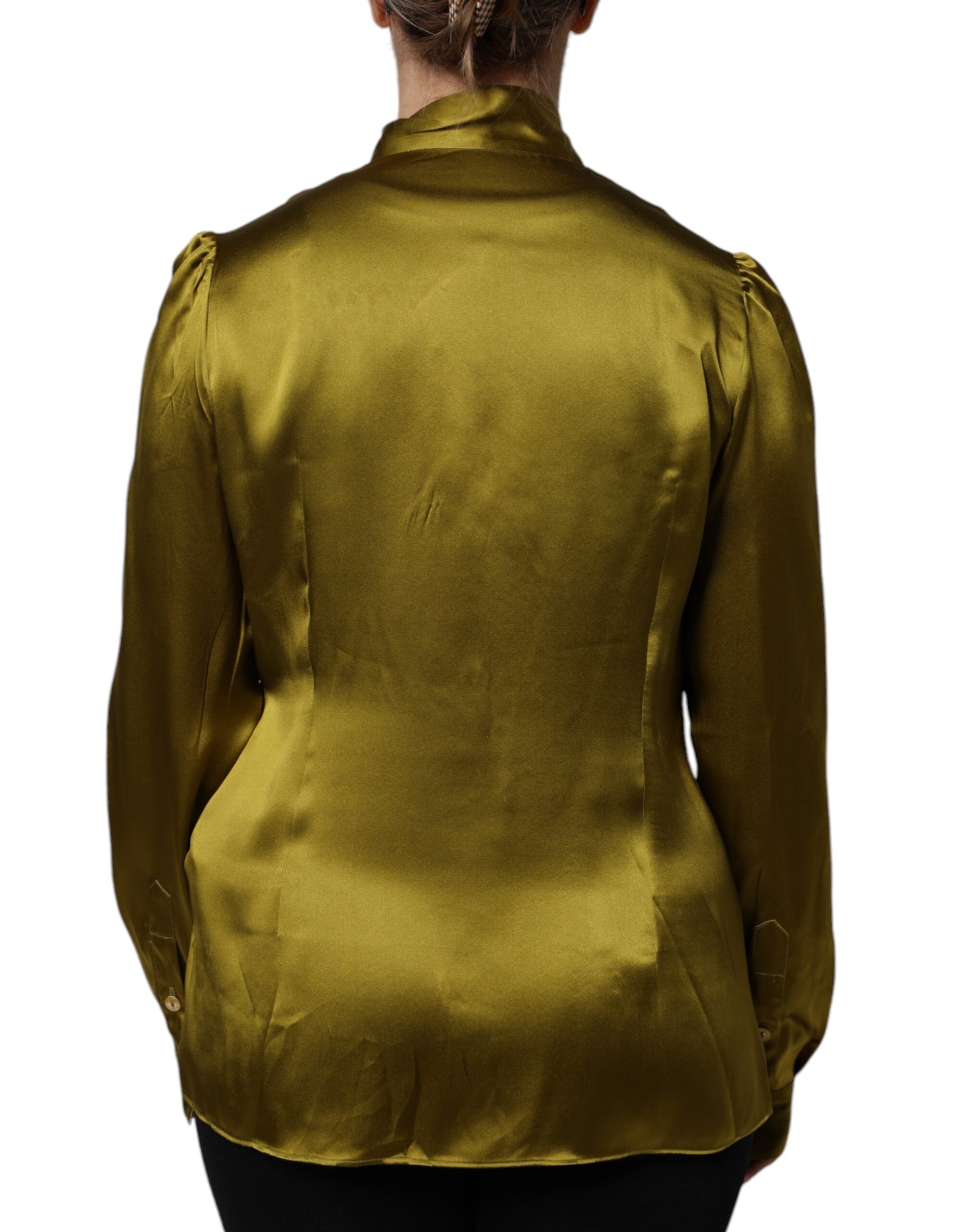 Dolce & Gabbana Olive Green Ascot Collar Long Sleeve Blouse Top