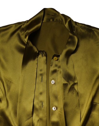Dolce &amp; Gabbana Olivgrön Ascot-krage Långärmad Blus Topp