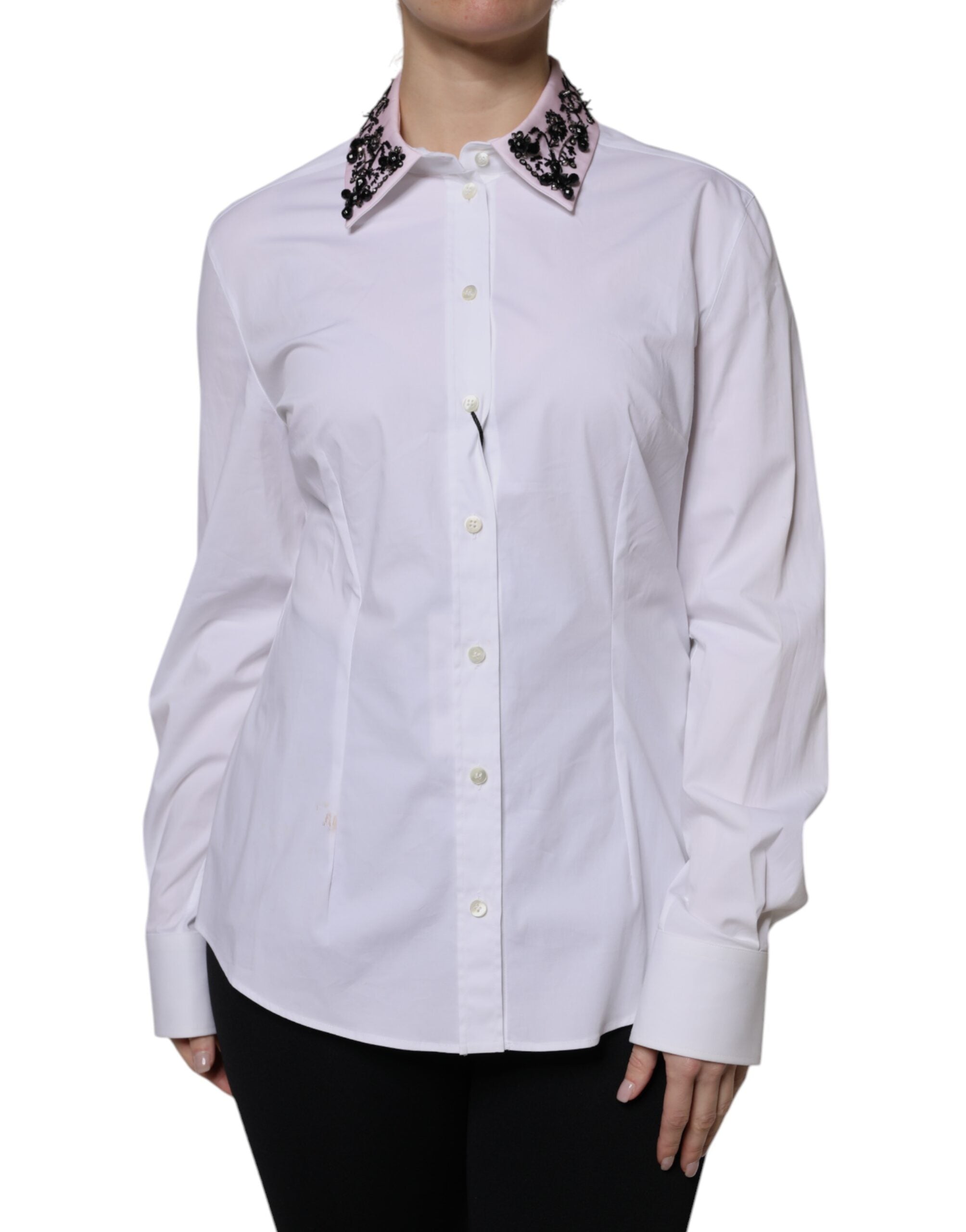 Dolce & Gabbana White Embellished Collared Dress Shirt Top