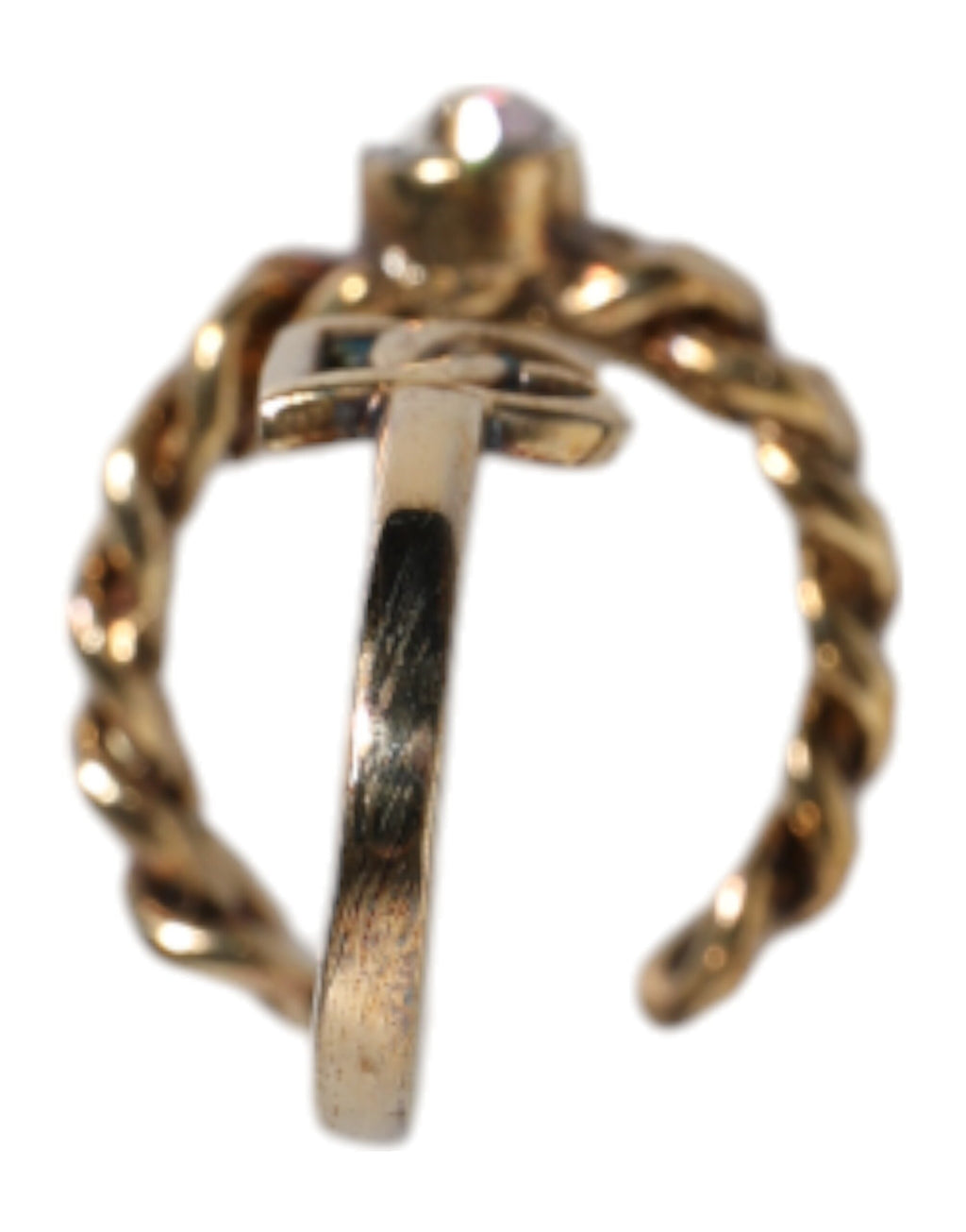 Justerbar ring med guldfärgad graverad logotyp och klara kristaller