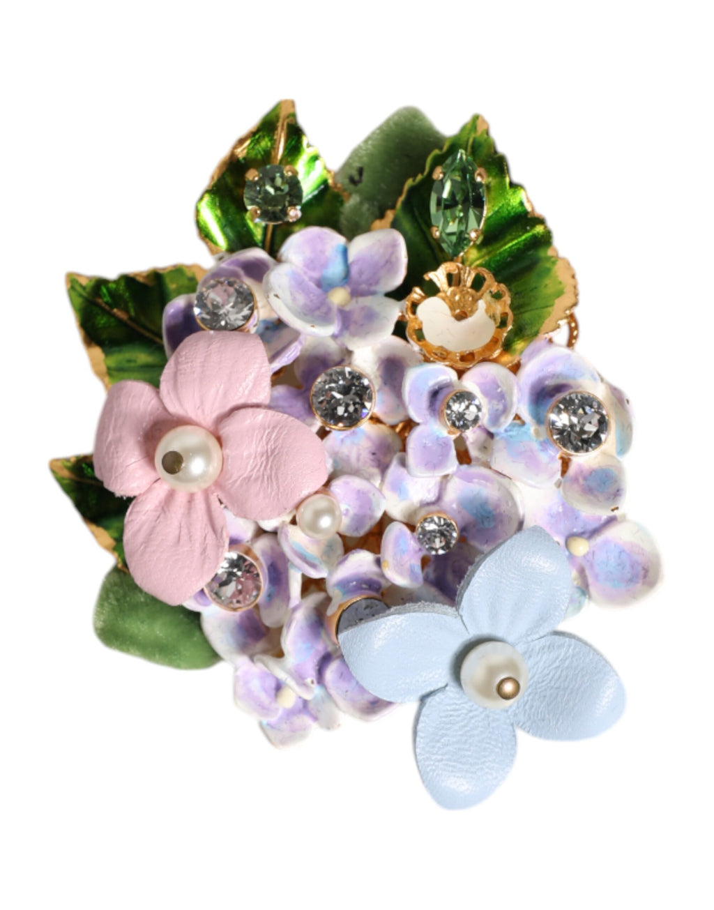 Brosje med flerfargede blomsterkrystaller og perler med emaljedetaljer
