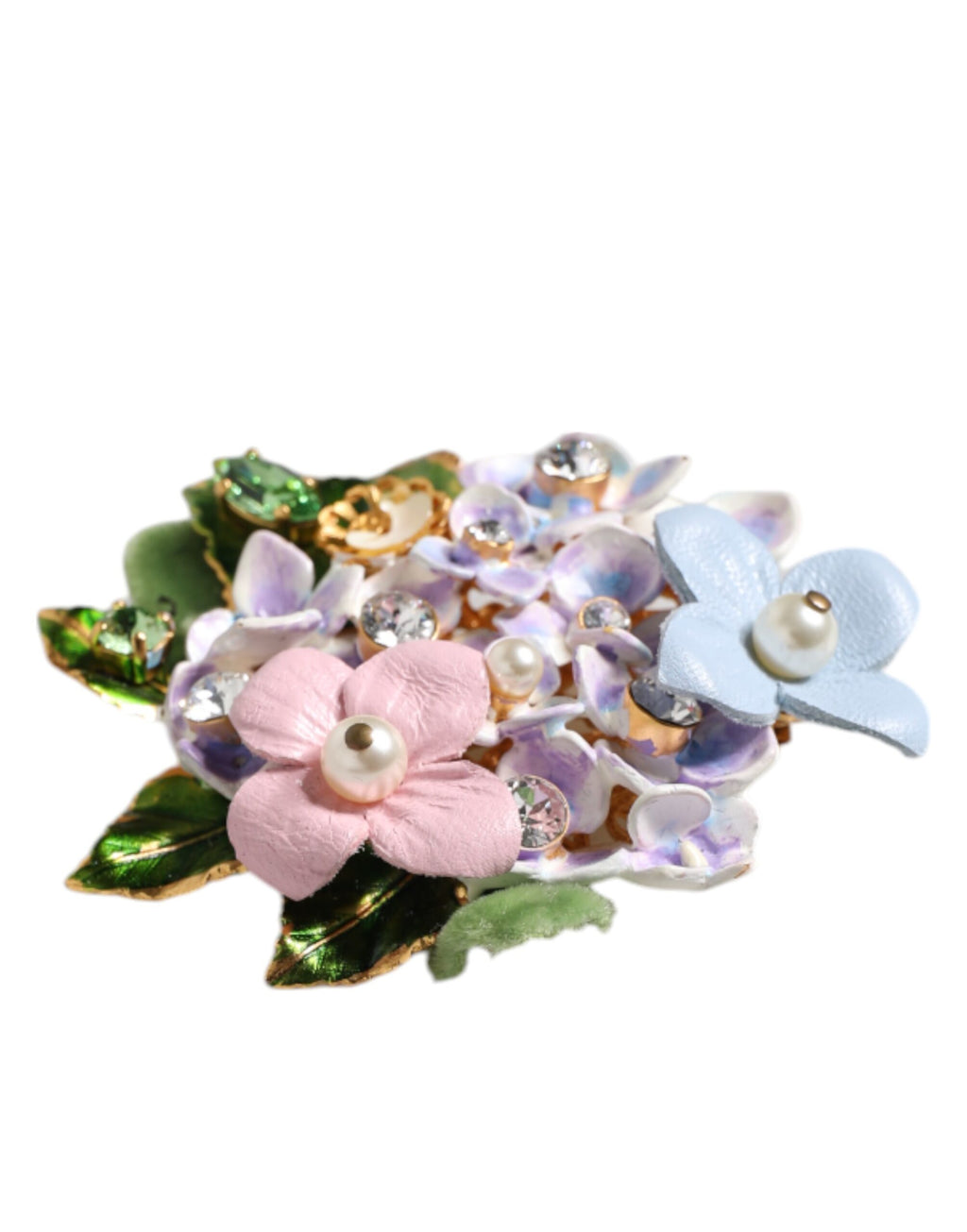 Brosje med flerfargede blomsterkrystaller og perler med emaljedetaljer
