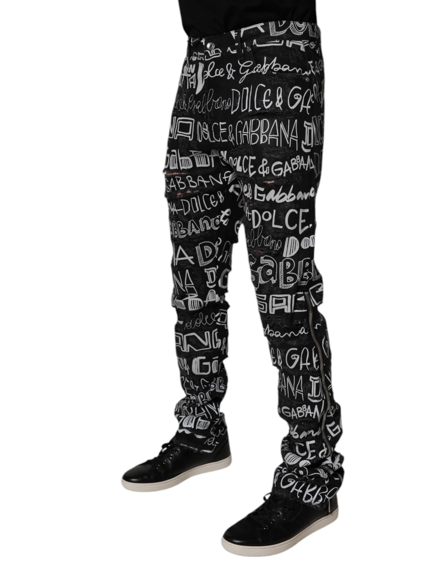 Dolce &amp; Gabbana svarta raka denimjeans med logotyp och tryck i bomull