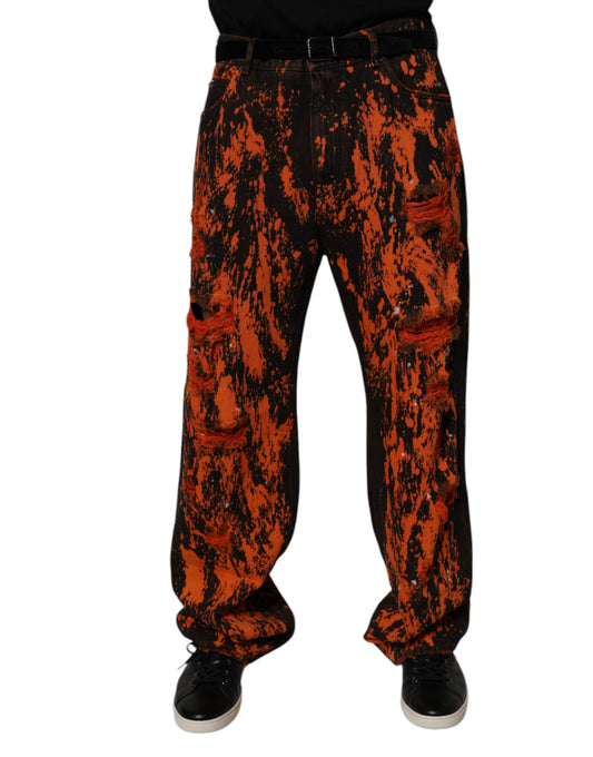 Dolce &amp; Gabbana Svarta Röda Tie Dye Bomull Raka Denim Jeans