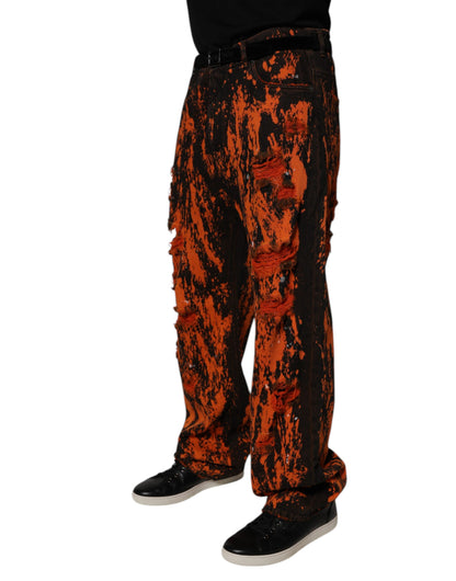 Dolce &amp; Gabbana Svarta Röda Tie Dye Bomull Raka Denim Jeans