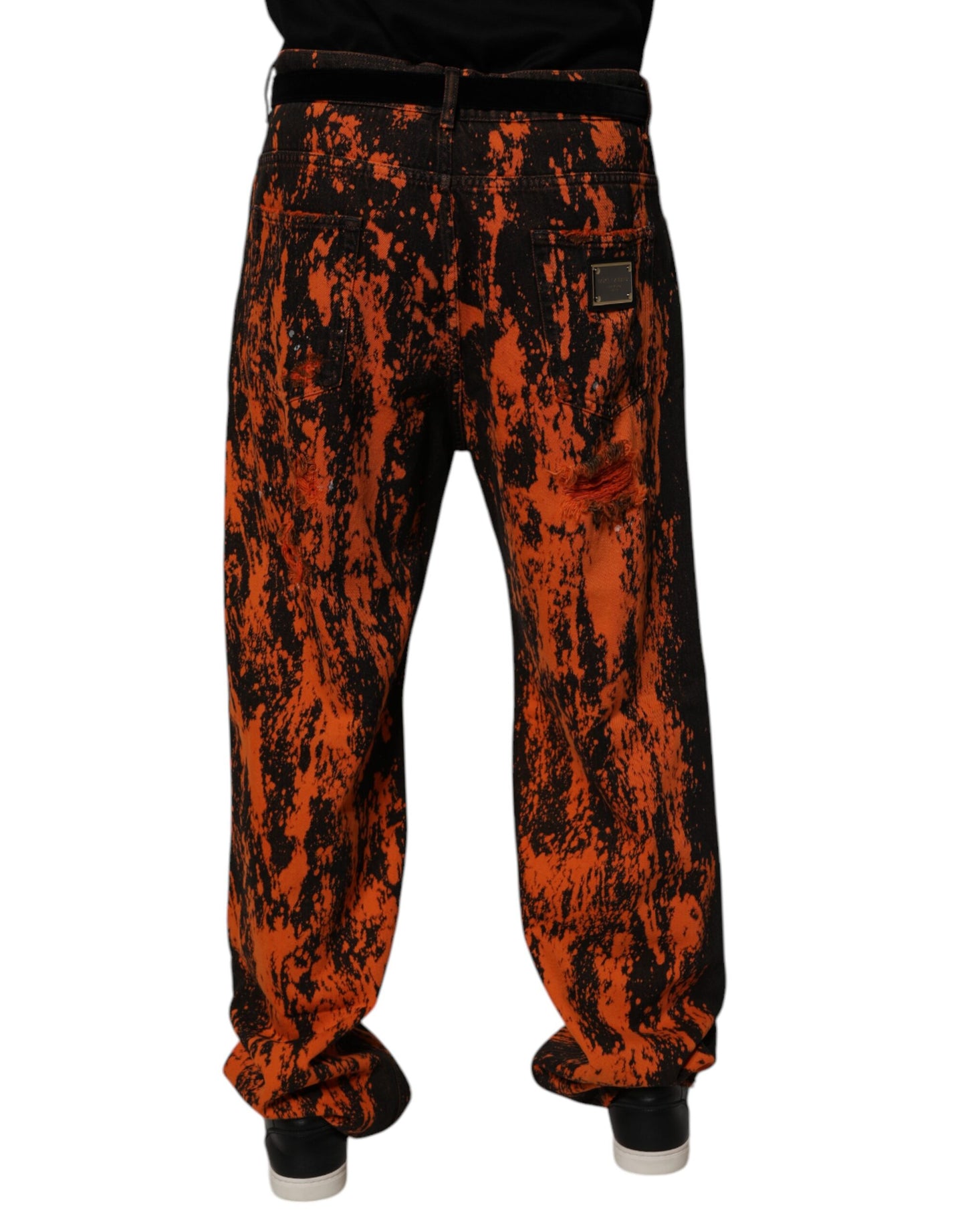 Dolce &amp; Gabbana Svarta Röda Tie Dye Bomull Raka Denim Jeans