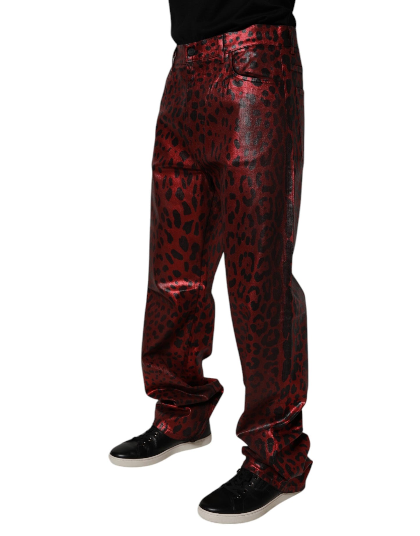 Dolce &amp; Gabbana Röda Leopard Bomull Raka Herrjeans