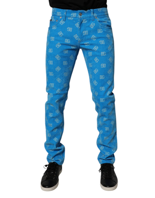 Dolce &amp; Gabbana Blå Logotyp Monogram Bomull Skinny Denim Jeans