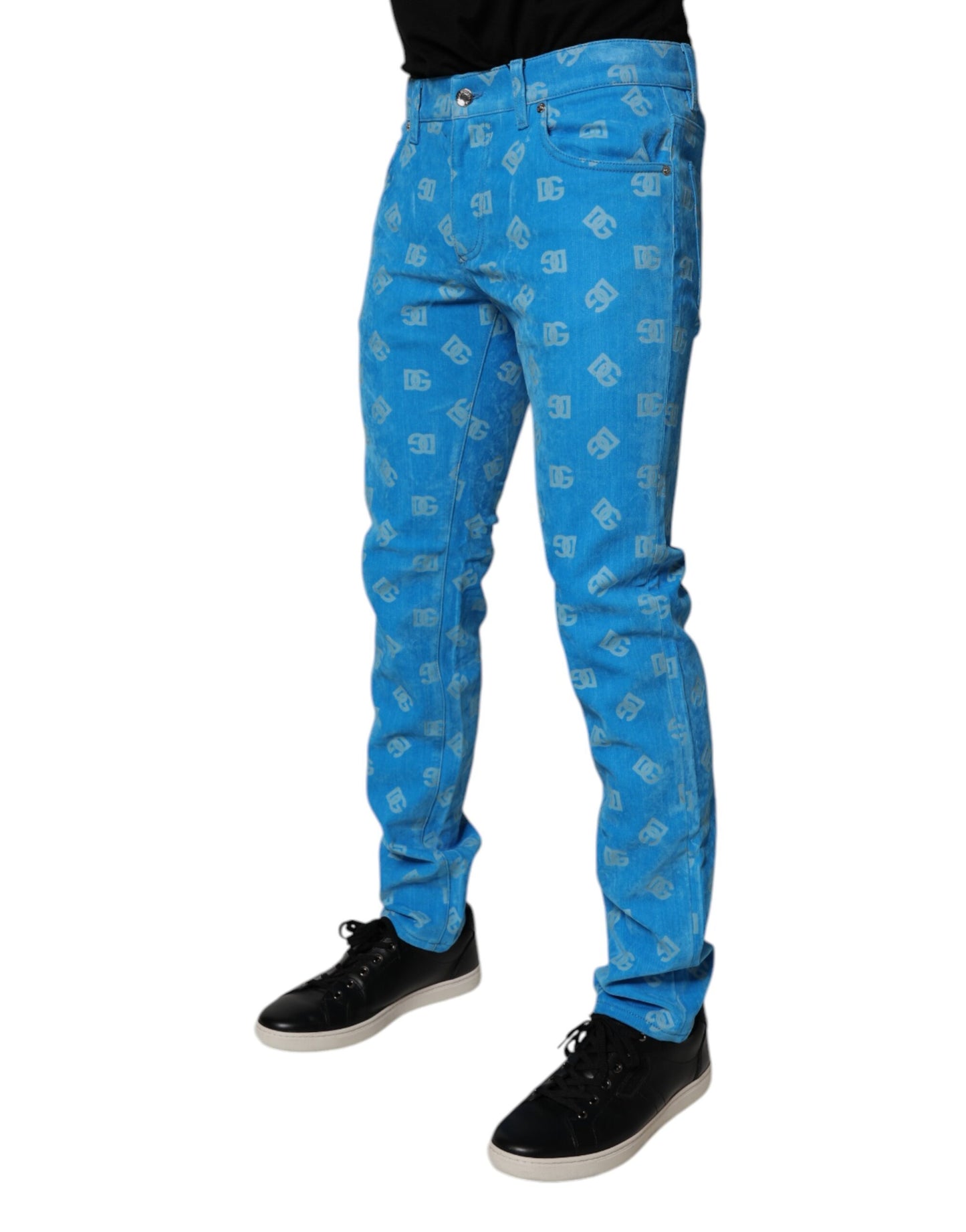 Dolce &amp; Gabbana Blå Logotyp Monogram Bomull Skinny Denim Jeans
