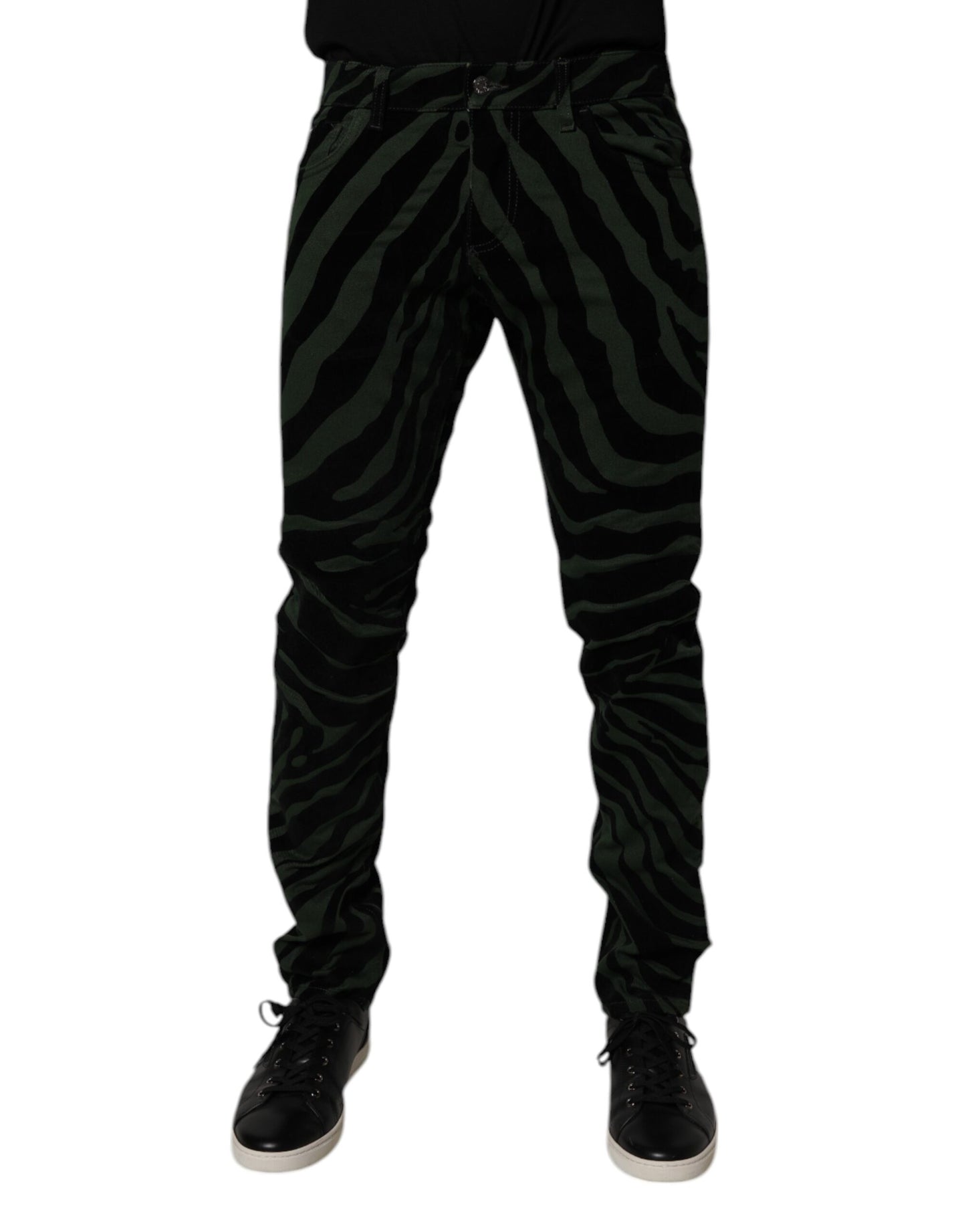 Dolce &amp; Gabbana Svarte Grønne Stripete Bomull Skinny Denim Jeans