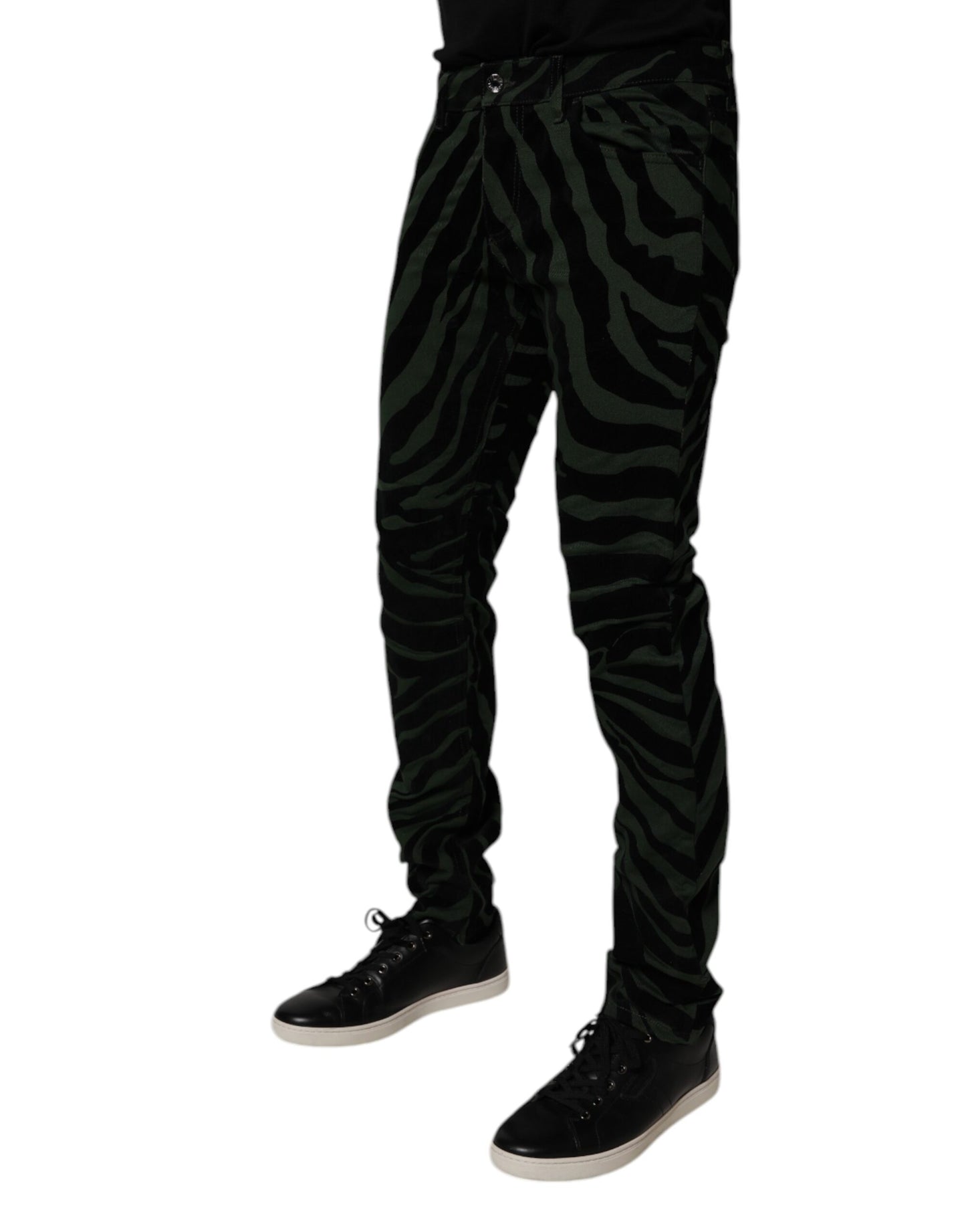 Dolce &amp; Gabbana Svarte Grønne Stripete Bomull Skinny Denim Jeans