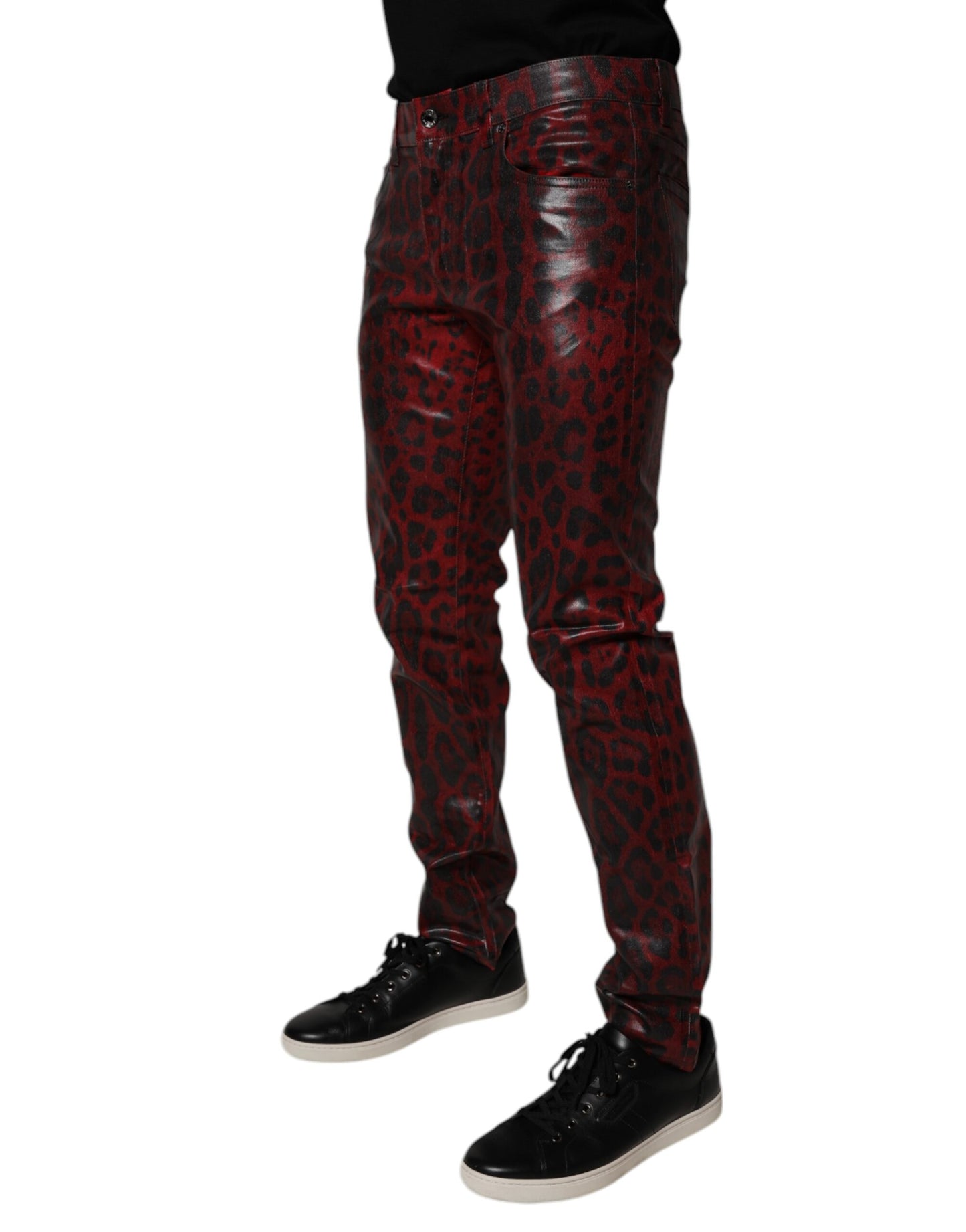 Dolce &amp; Gabbana Röda Leopard Bomull Skinny Herrjeans