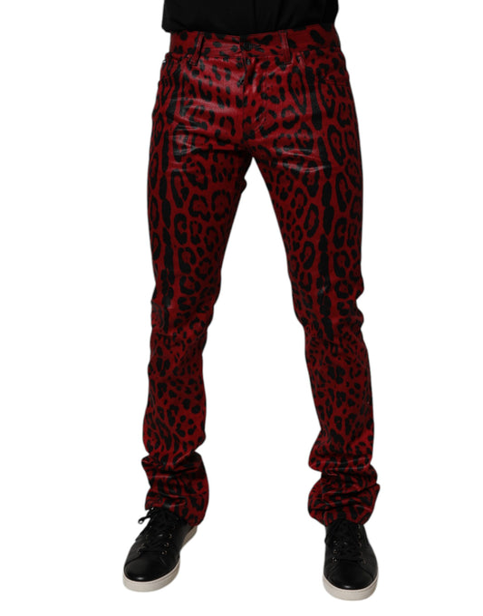 Dolce &amp; Gabbana Röda Leopardfärgade Bomulls Slim Fit Jeans