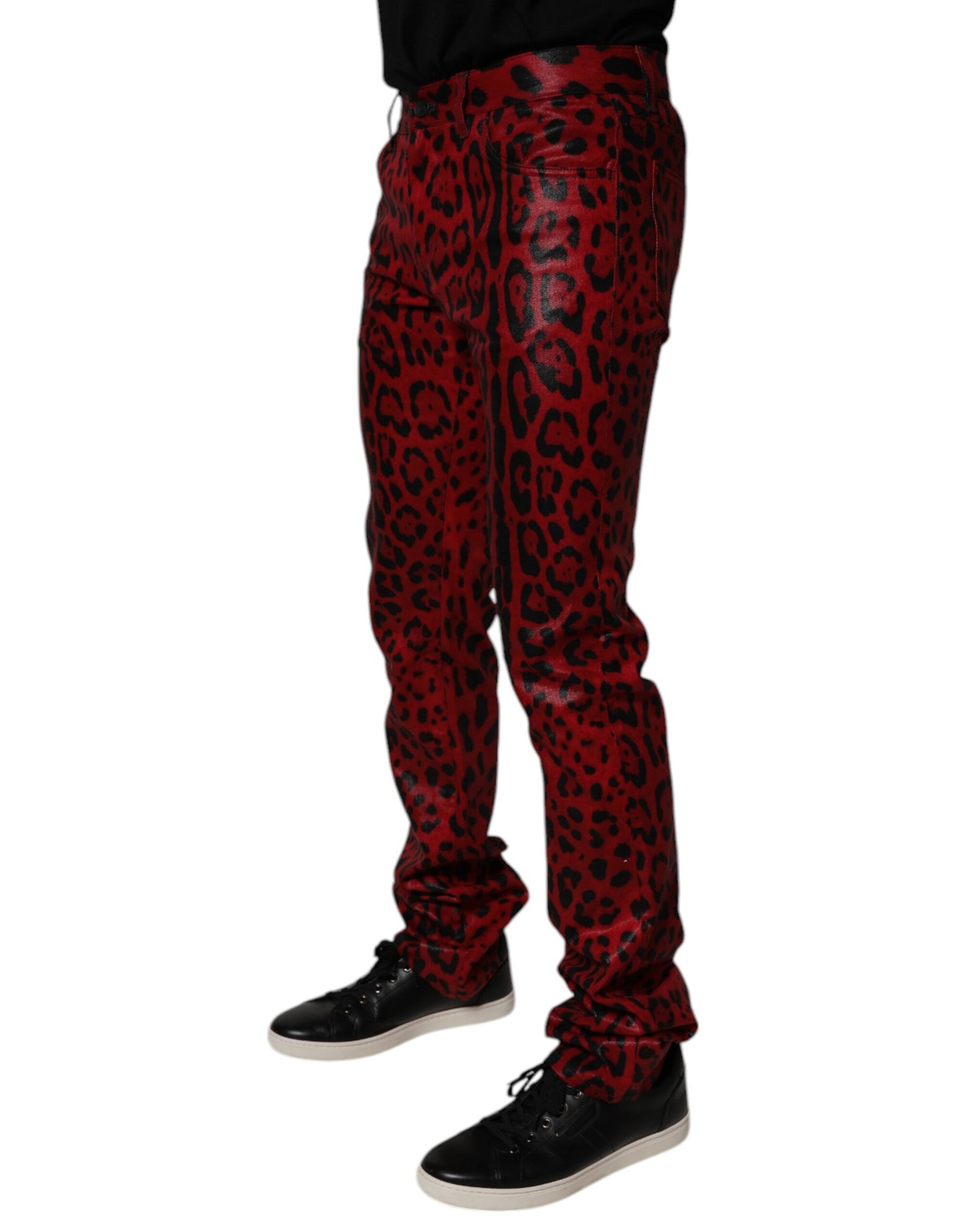 Dolce &amp; Gabbana Röda Leopardfärgade Bomulls Slim Fit Jeans