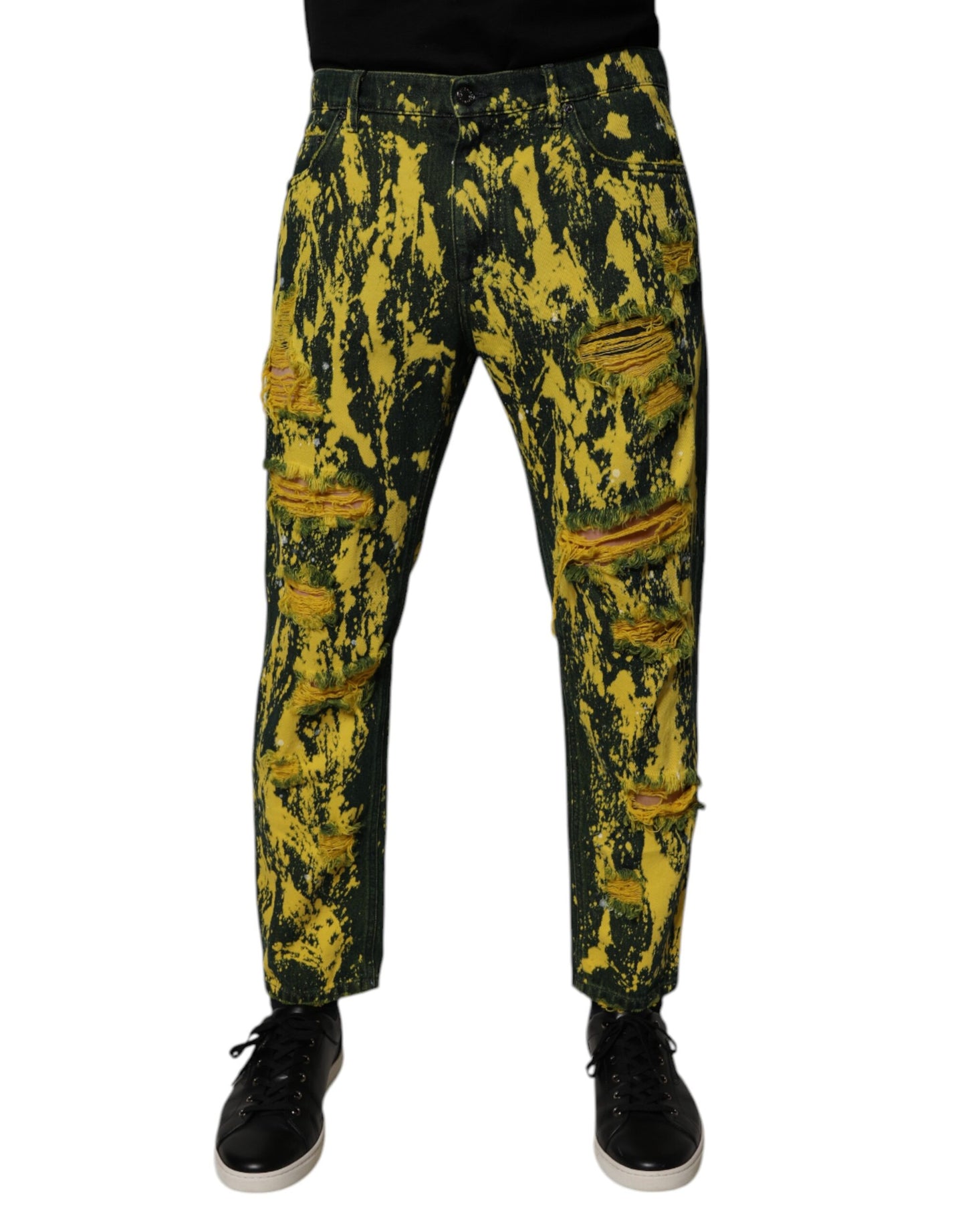 Dolce &amp; Gabbana Svarta Gula Tie Dye Slitna Skinny Jeans Herr