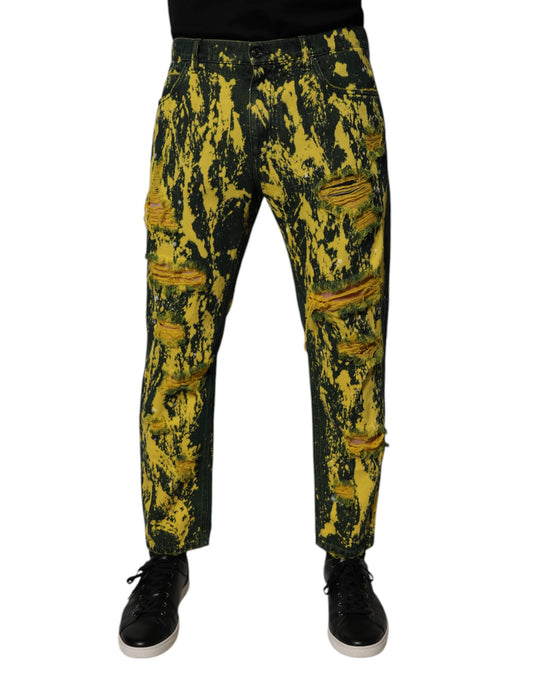 Dolce &amp; Gabbana Svarta Gula Tie Dye Slitna Skinny Jeans Herr