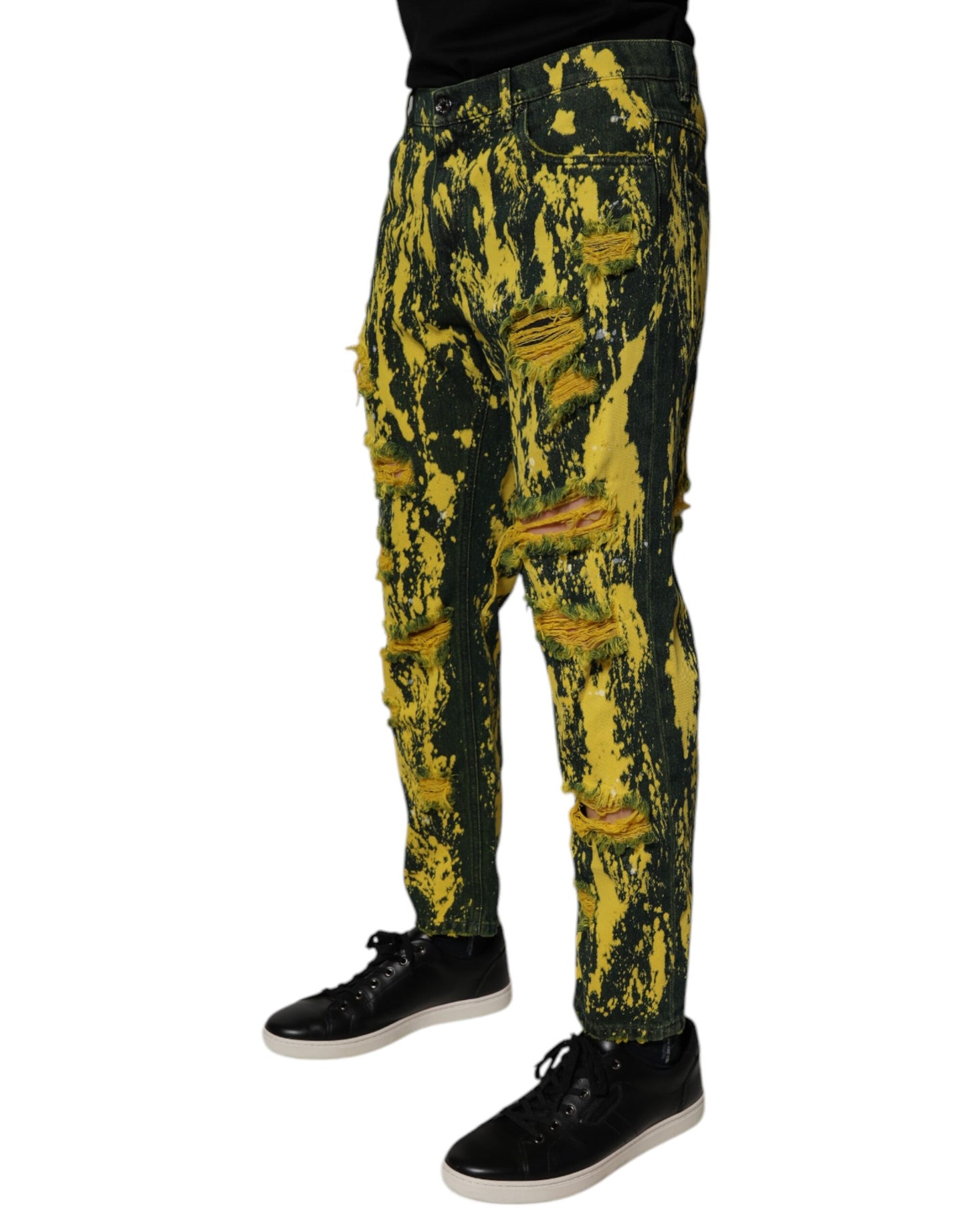 Dolce &amp; Gabbana Svarta Gula Tie Dye Slitna Skinny Jeans Herr