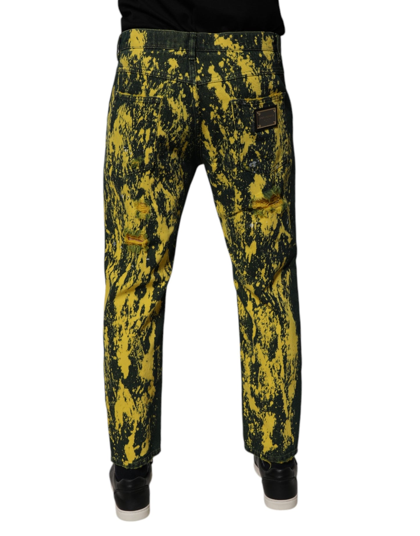 Dolce &amp; Gabbana Svarta Gula Tie Dye Slitna Skinny Jeans Herr