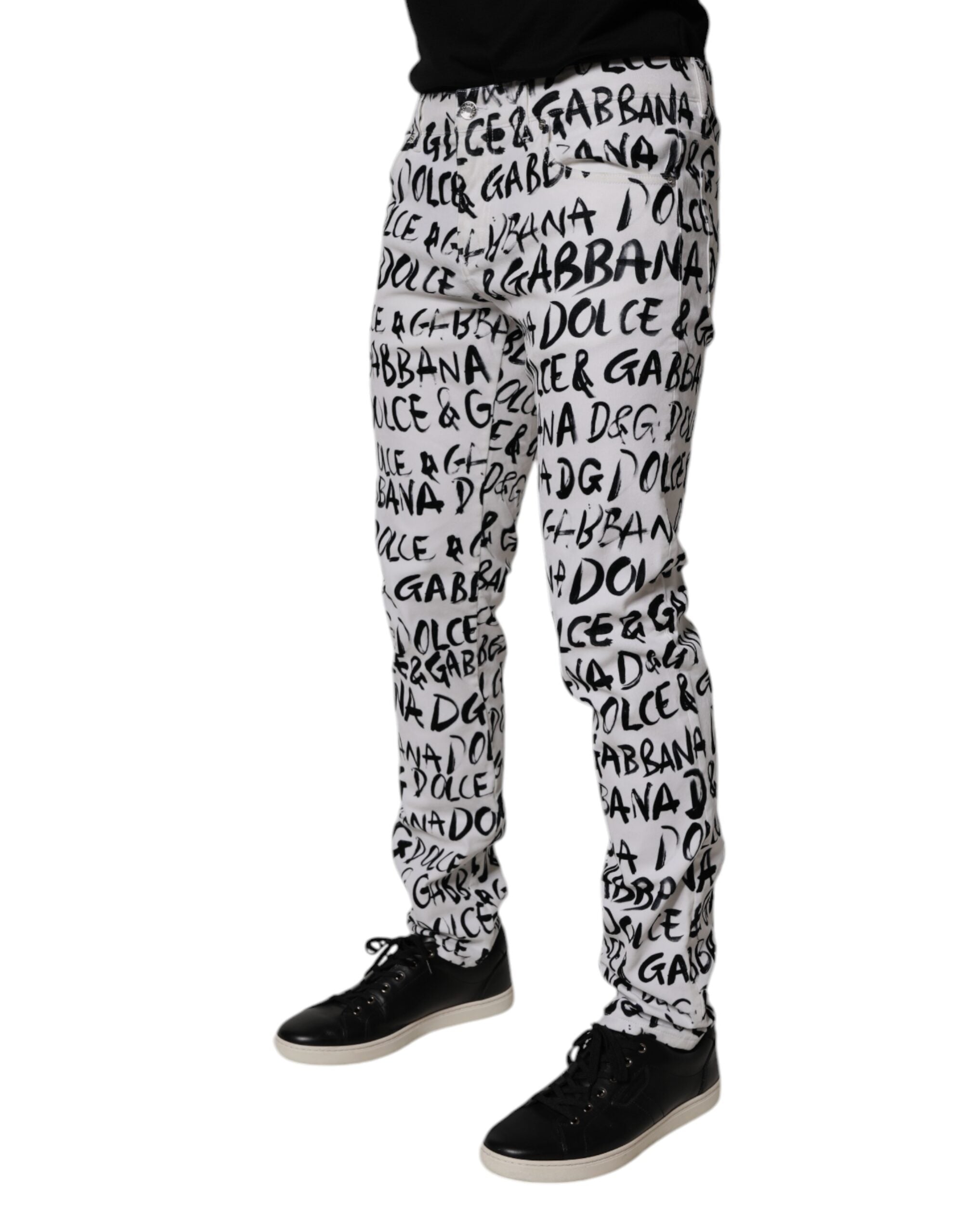 Dolce & Gabbana White Cotton Logo Print Skinny Denim Jeans