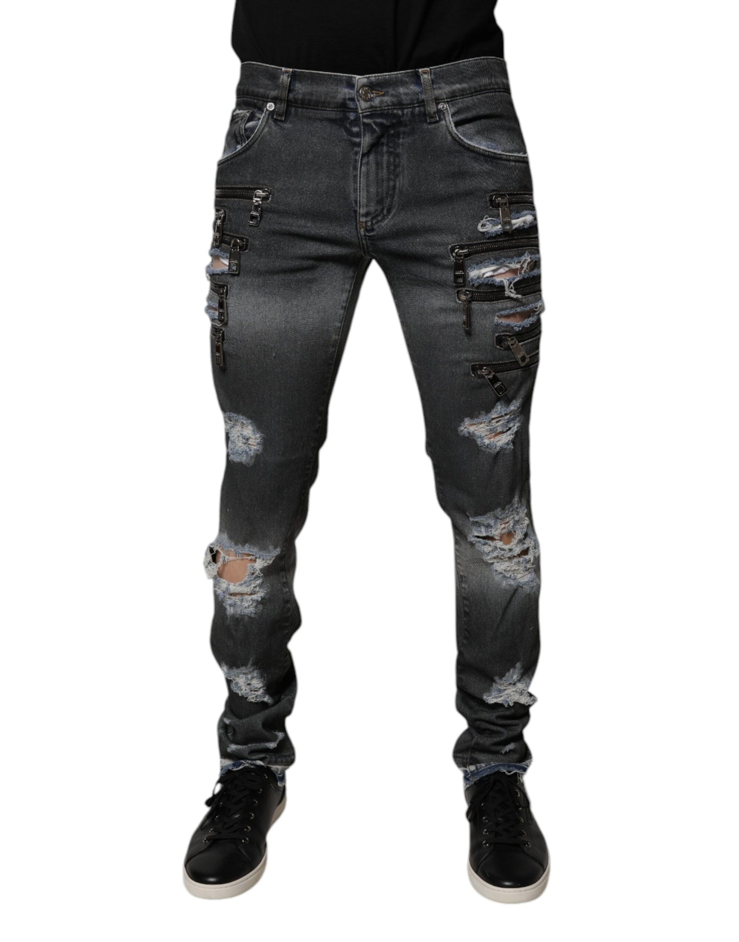 Dolce &amp; Gabbana Mörkgrå Trasiga Bomulls Skinny Denim Jeans