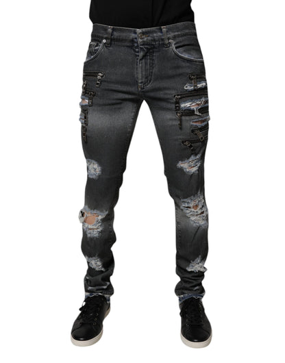 Dolce &amp; Gabbana Mörkgrå Trasiga Bomulls Skinny Denim Jeans