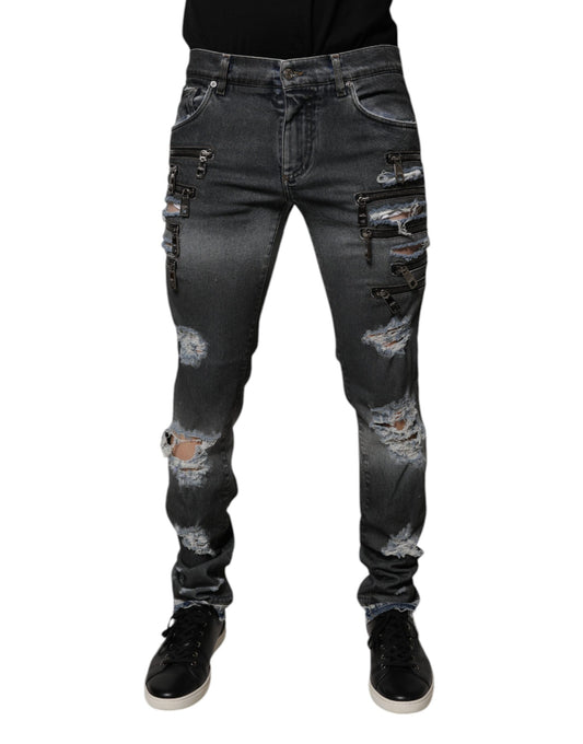 Dolce &amp; Gabbana Mörkgrå Trasiga Bomulls Skinny Denim Jeans