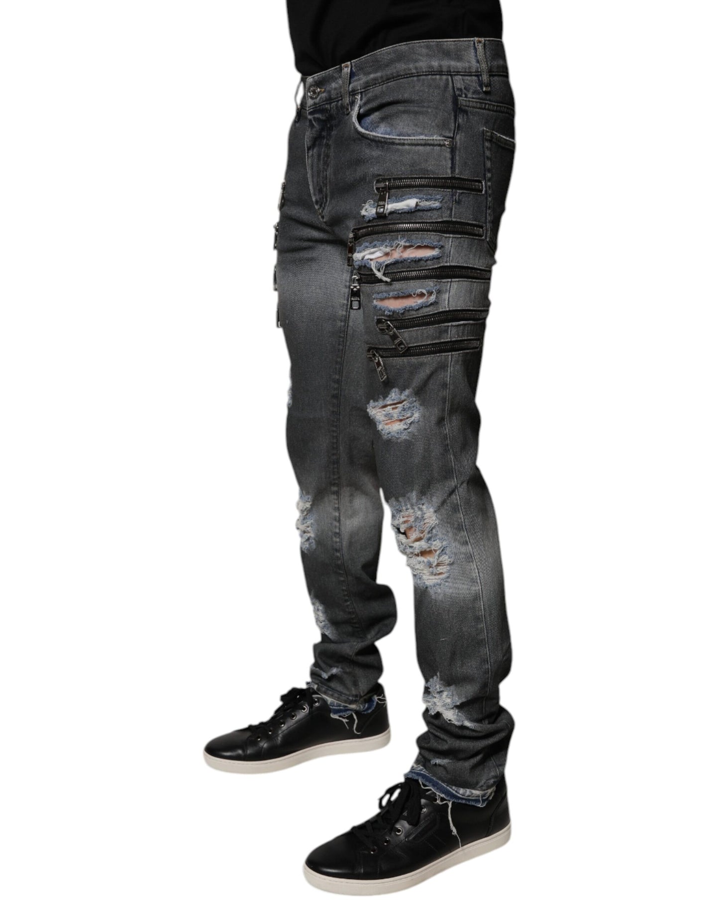 Dolce &amp; Gabbana Mörkgrå Trasiga Bomulls Skinny Denim Jeans