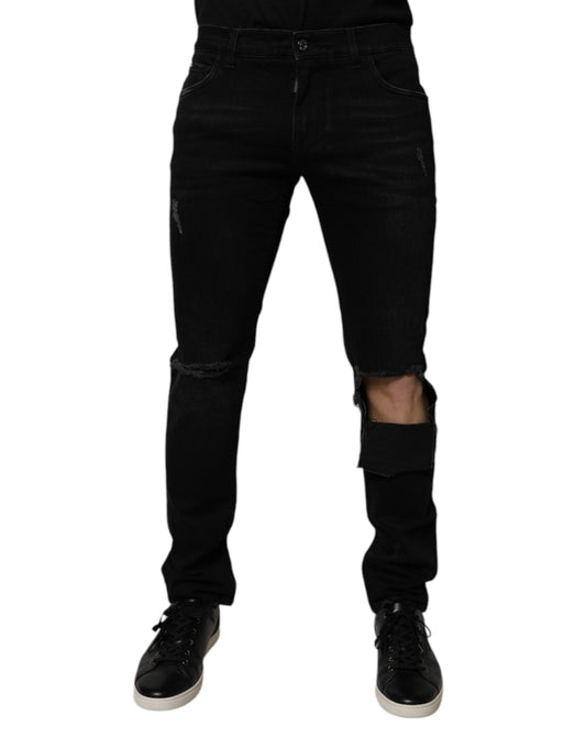 Dolce &amp; Gabbana Svarta Ripped Cotton Skinny Herrjeans