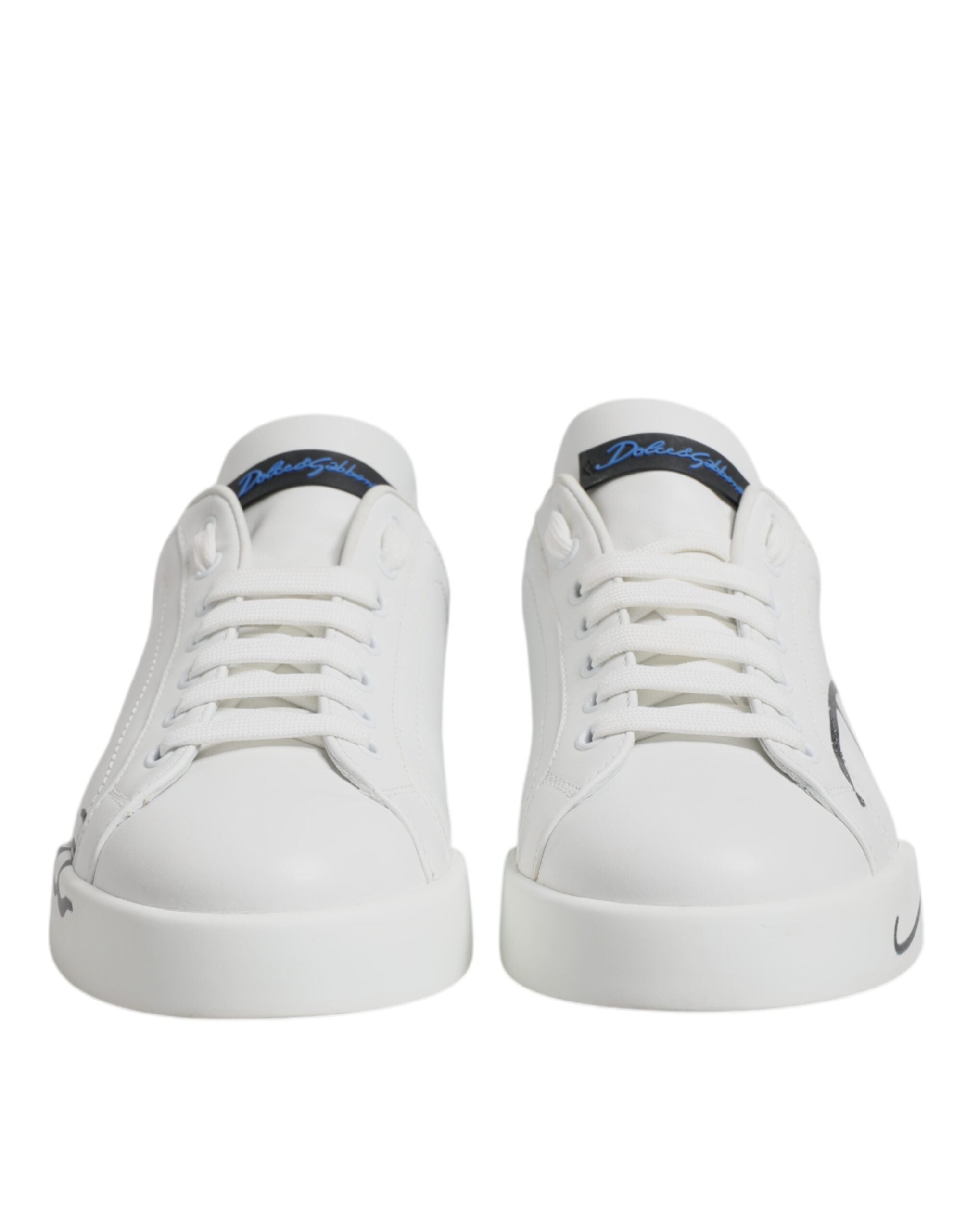 Dolce & Gabbana White Blue Leather Logo Low Top Sneakers Shoes
