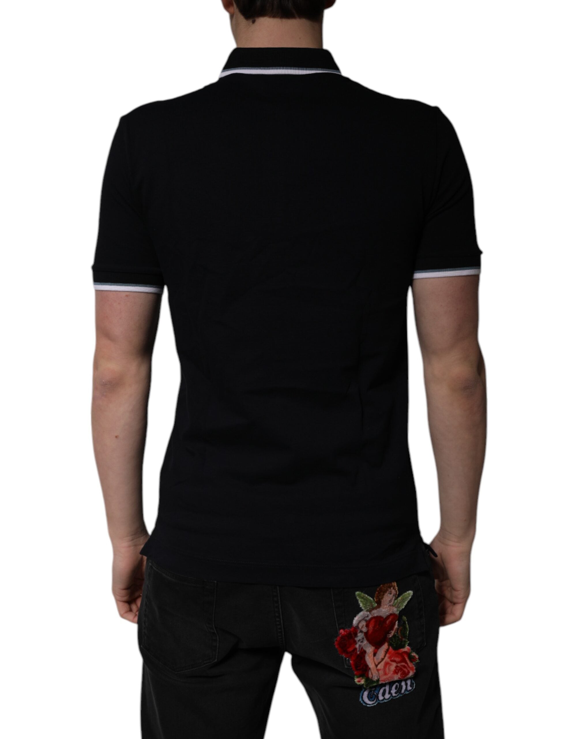 Svart bomulls-t-shirt med kronkrage
